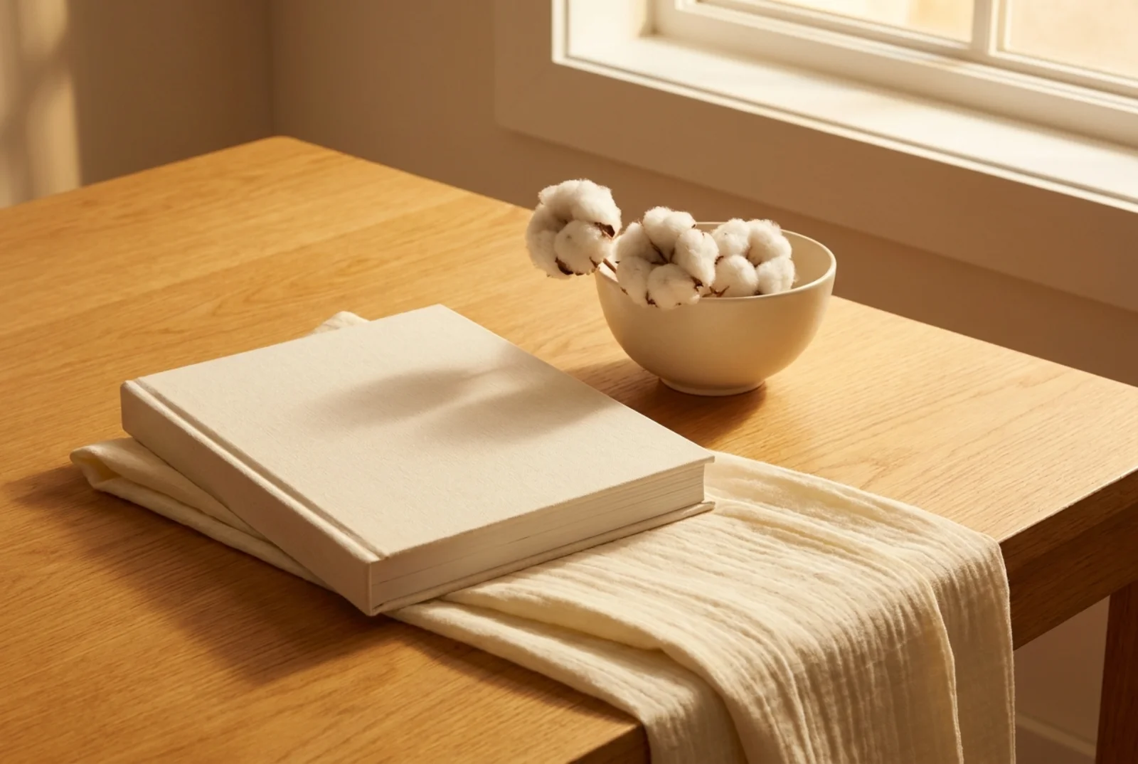 A small stack of cream and linen-bound hardcover picture books on a wooden bedside table beside a brass reading lamp casting warm evening light against a pale linen wall.