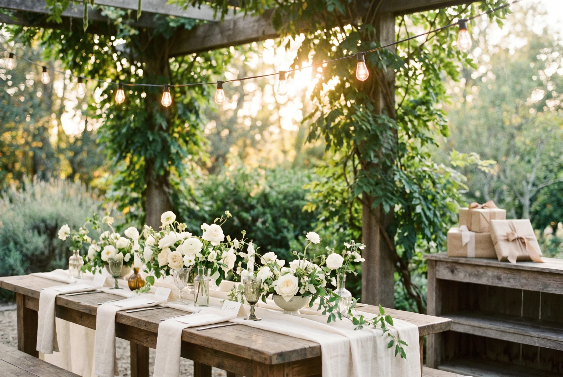 An early-evening outdoor engagement party with a long wooden table, linen runner, white roses, place cards, wrapped presents on a side console, and string lights overhead.