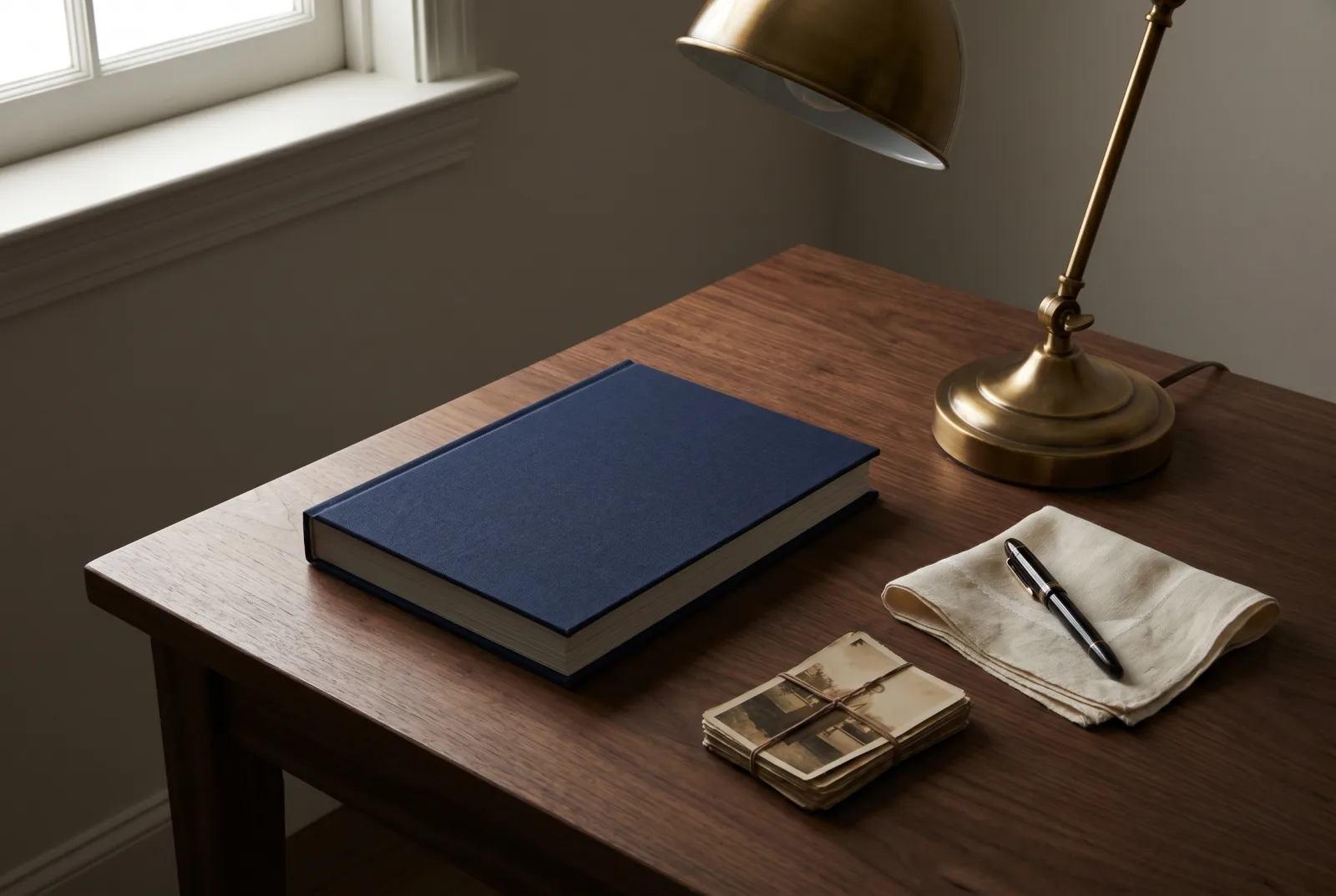A navy linen hardcover book closed flat on a walnut desk beside a brass desk lamp, a fountain pen on a folded handkerchief, and a small stack of face-down photographs.