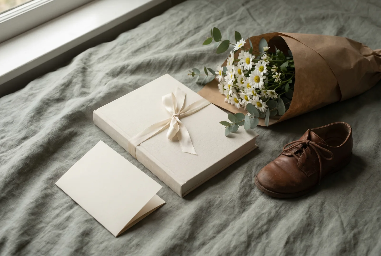 A cream linen hardcover book tied with silk ribbon beside a face-down handwritten note, a small bouquet of daisies in brown paper, and a child's leather oxford on sage linen.