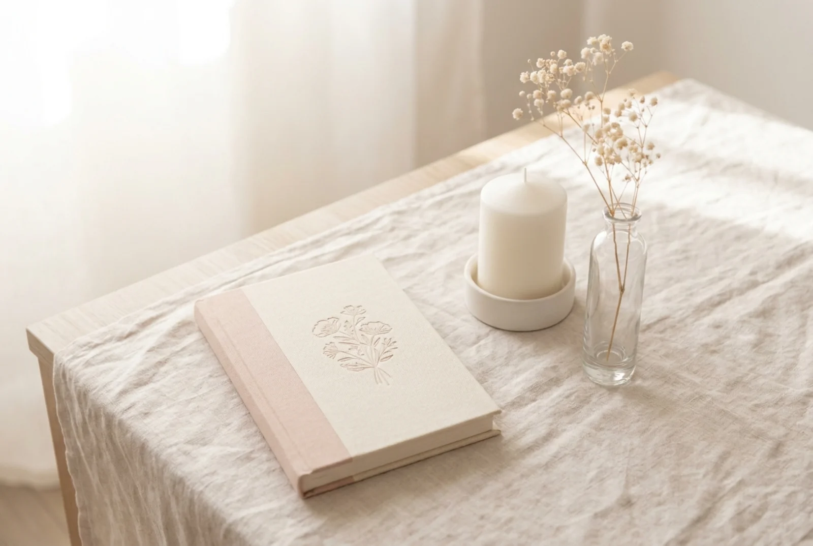 A cream linen hardcover book on a low oak table beside a single white candle in a ceramic holder, a folded muslin blanket, and a small wooden figure in afternoon light.