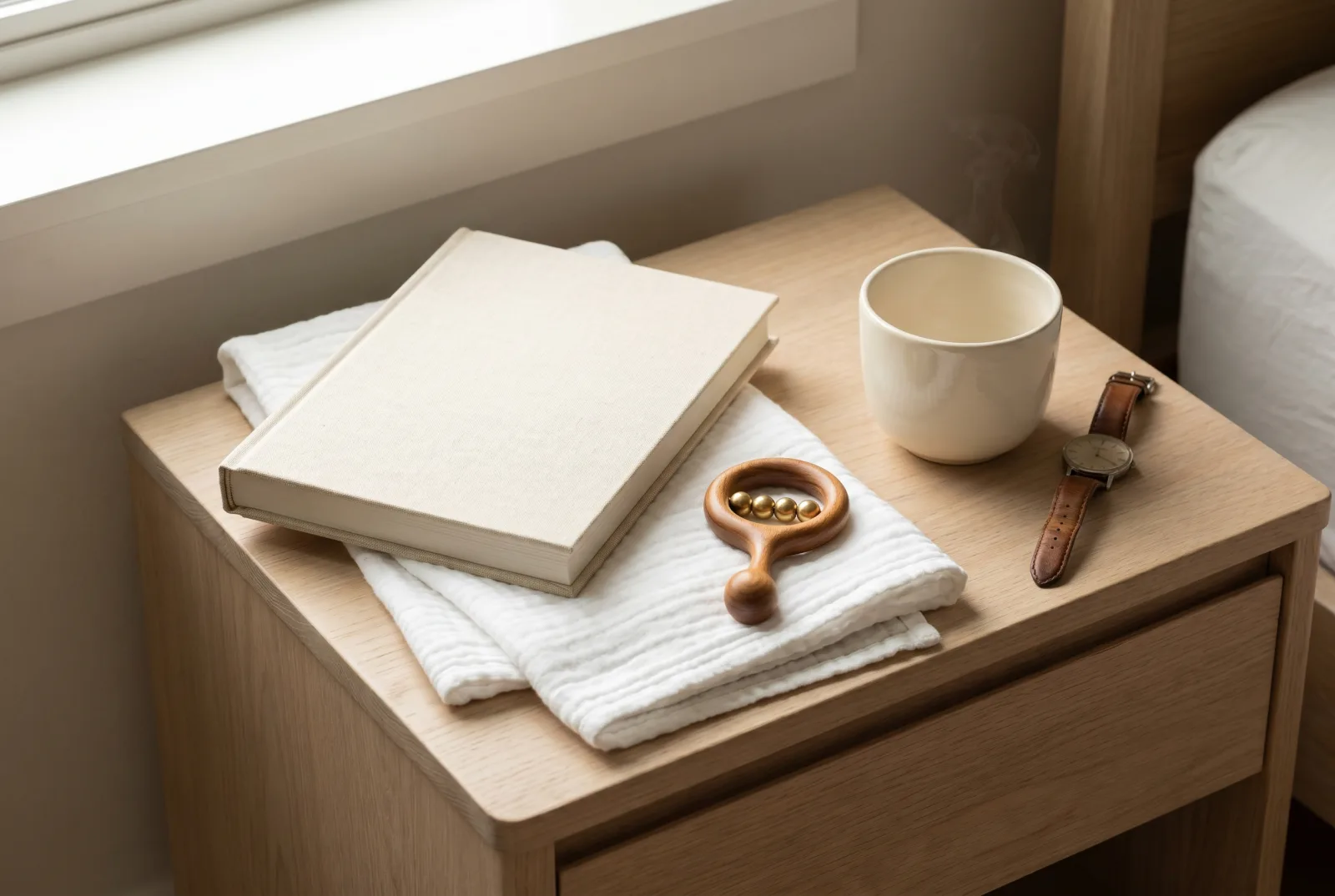 A cream linen hardcover storybook on a folded muslin swaddle beside a wooden rattle, ceramic coffee cup, and worn leather watch in early-morning window light.