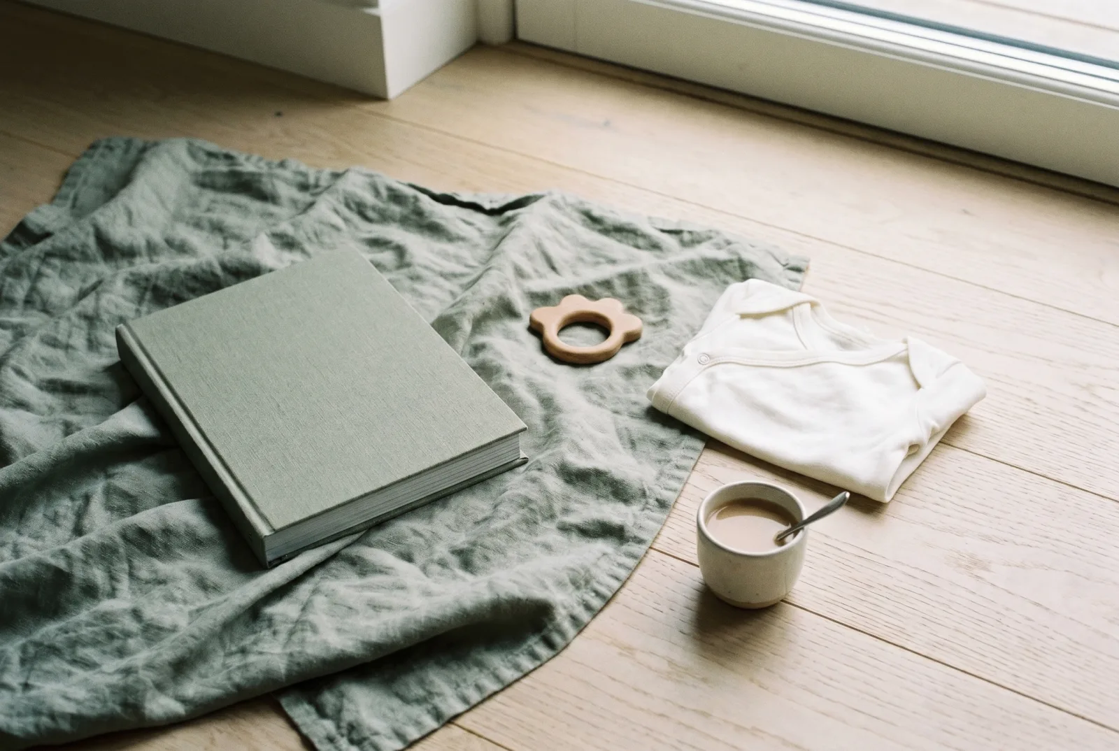 A linen hardcover book on a sage linen blanket beside a small wooden teether, a folded white onesie, and a ceramic cup of milky tea on a pale oak floor.