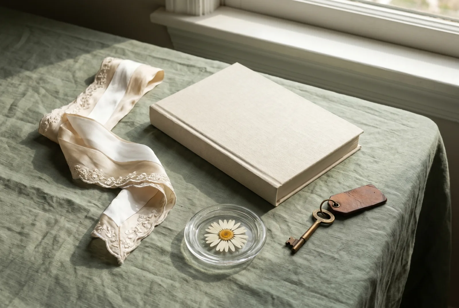 A cream linen hardcover book on sage linen beside a folded silk gown sash, a pressed daisy in a small glass dish, and a brass key on a leather tag in afternoon light.