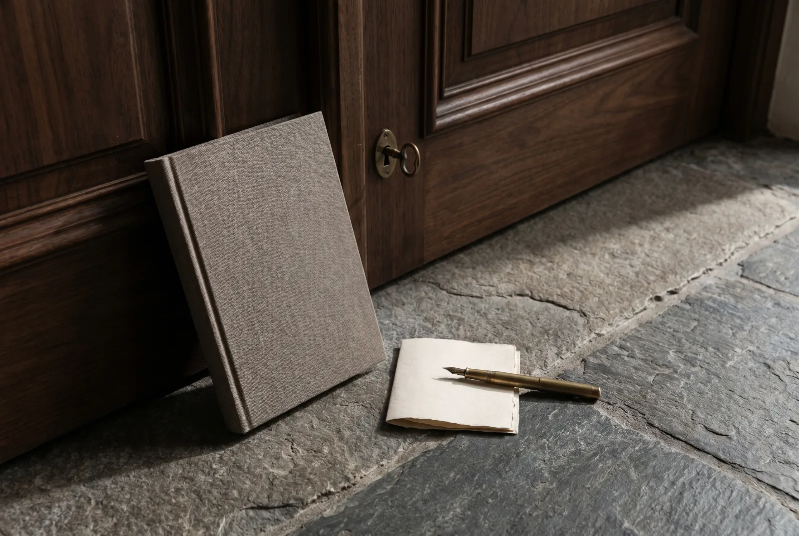 A linen hardcover book against a closed walnut door with a brass key in the lock beside a folded square of cream paper and a fountain pen on a slate floor.