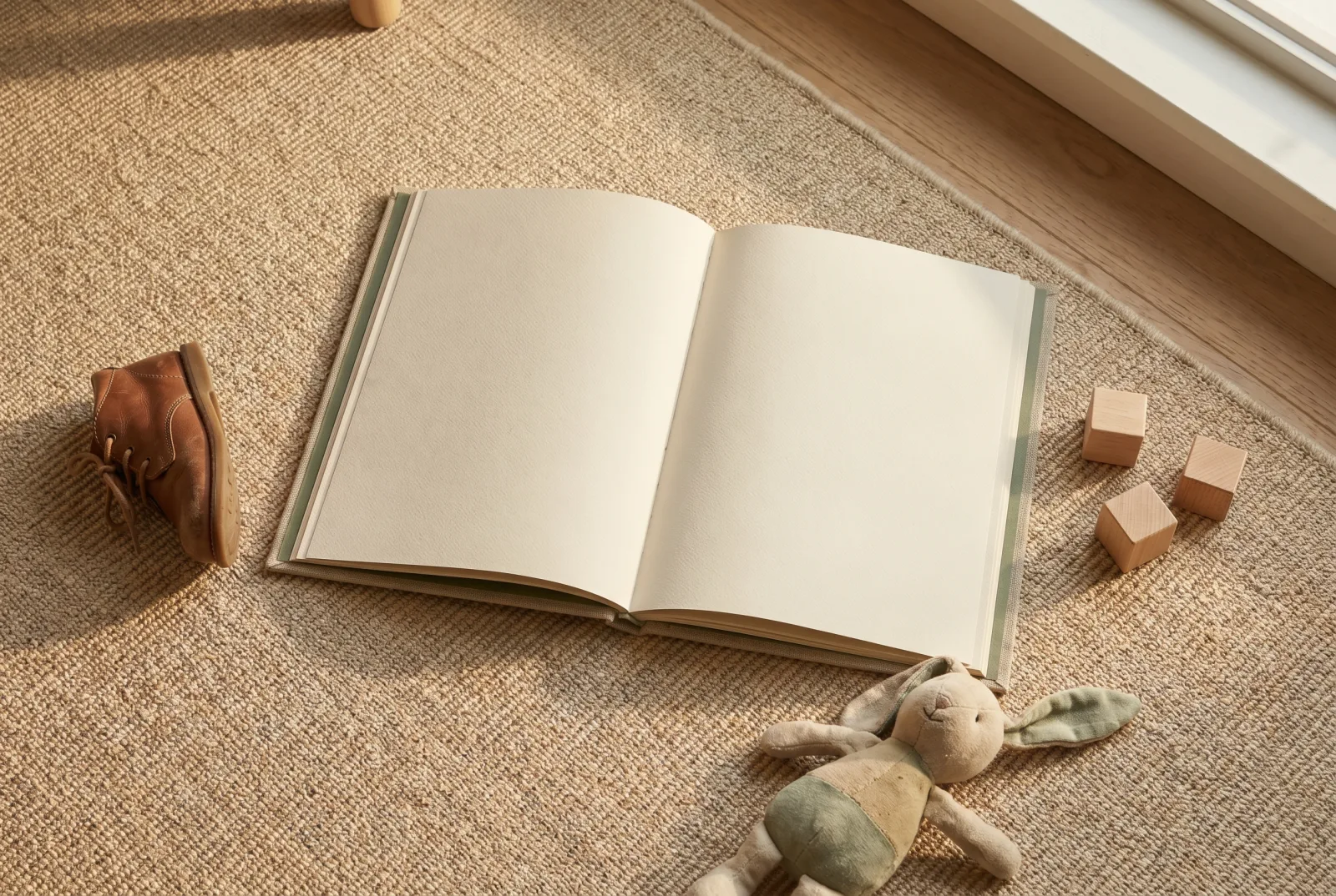 A linen hardcover storybook open at the center of a sisal rug beside scattered wooden blocks, a small leather shoe, and a soft fabric bunny — the book holds the room.