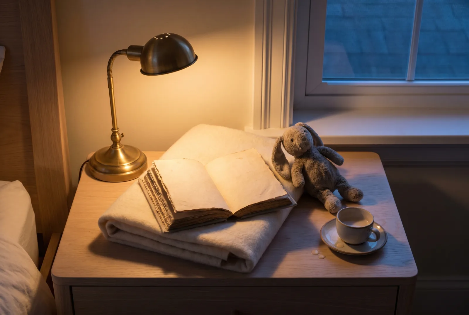 A child's bedside still life: open linen hardcover storybook on a folded wool blanket beside a small brass reading lamp, a stuffed rabbit, and a ceramic cup in warm evening light.