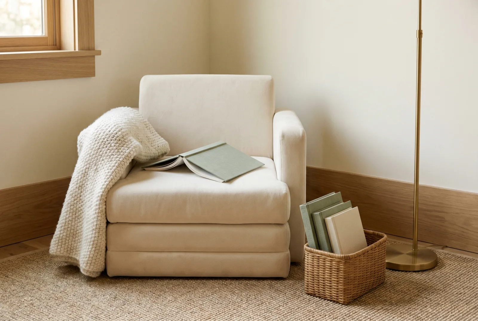 A child's reading nook in soft afternoon light: a folded velvet armchair, an open hardcover storybook on the seat, a basket of more books, and a wool blanket — no screens visible.