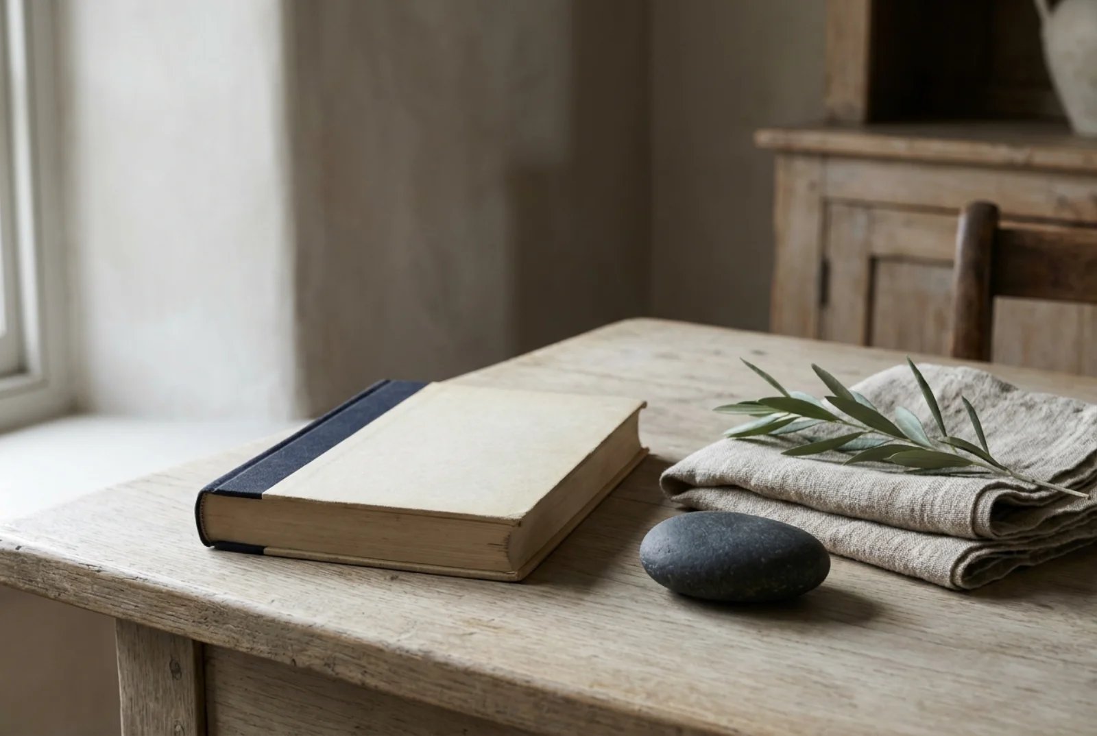 A cream linen hardcover book on a small oak shelf beside a folded navy wool jumper, a wooden Ostheimer figure, and a brass bedside lamp in soft window light.