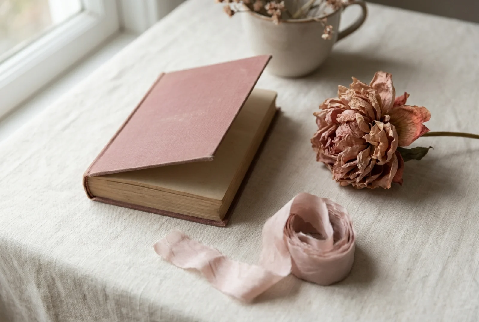 A cream linen hardcover book on a pale wooden child's chair beside a folded pink linen pinafore and a small wooden Maileg mouse in warm afternoon window light.