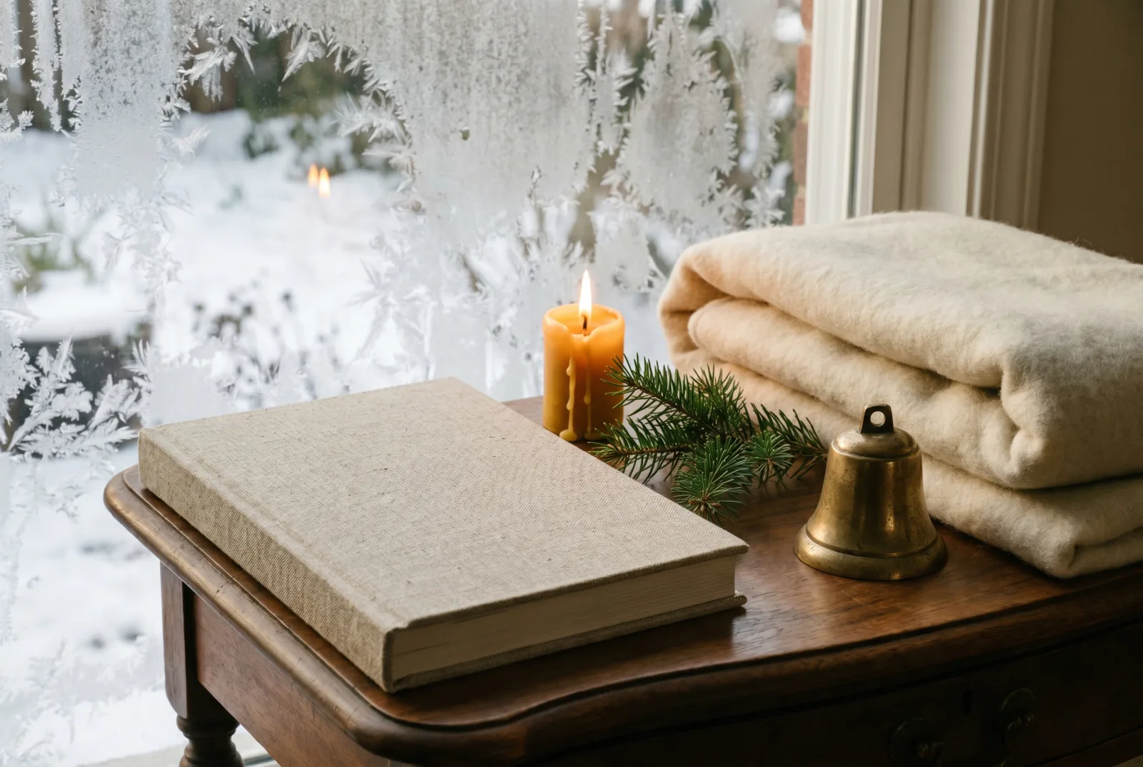 A linen storybook on a walnut side table beside a lit beeswax candle, a sprig of green spruce, a single brass bell, and a folded length of cream wool, with frost on the window.