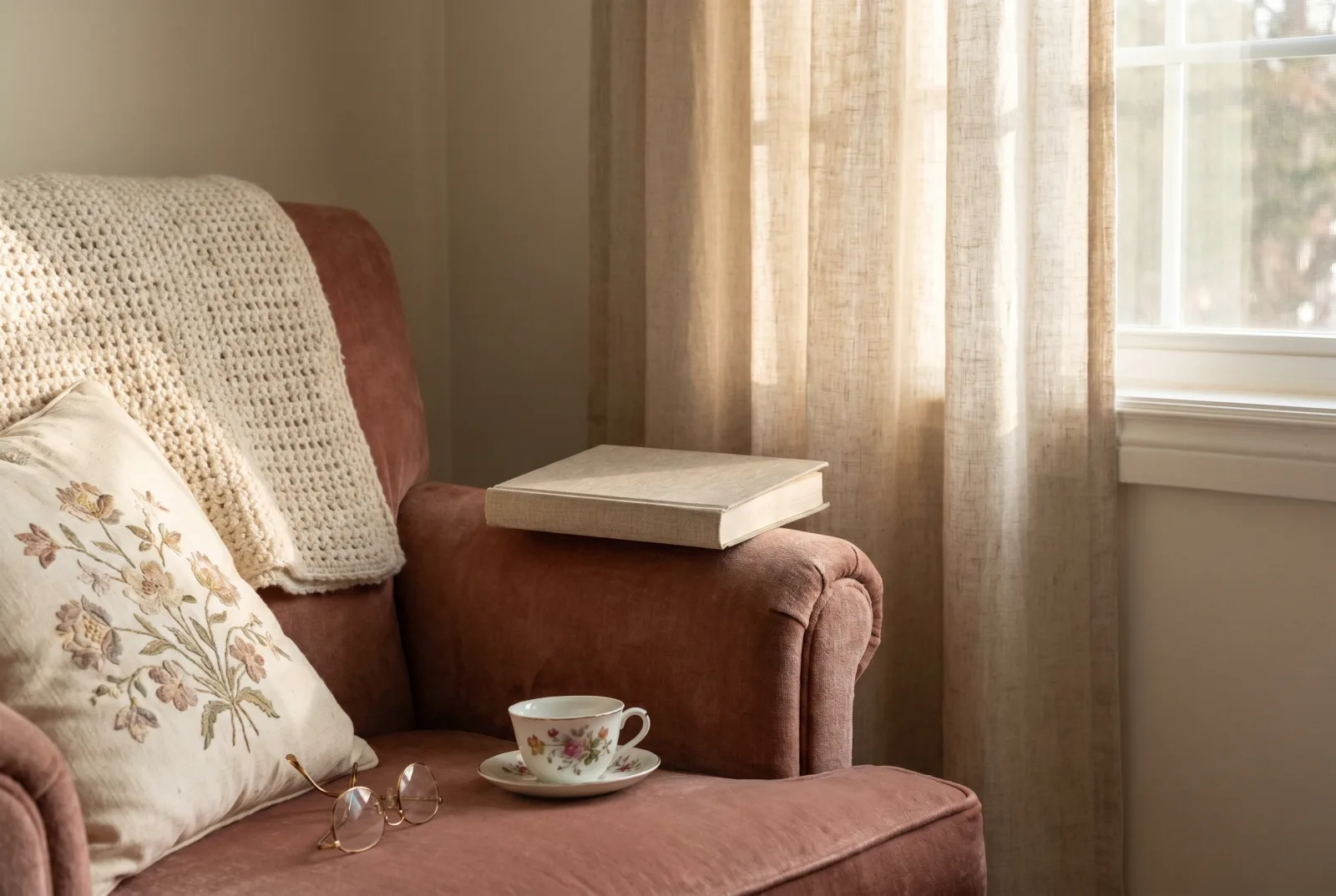 A linen hardcover book on a velvet chair arm beside a porcelain teacup, reading glasses folded on an embroidered cushion, and a crocheted cream blanket on the chair back.