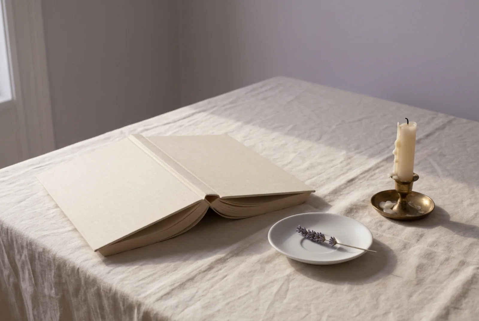 A cream linen hardcover book on a small wooden bedside table beside a brass reading lamp, a folded muslin blanket, and a pale ceramic cup of milk in warm evening light.