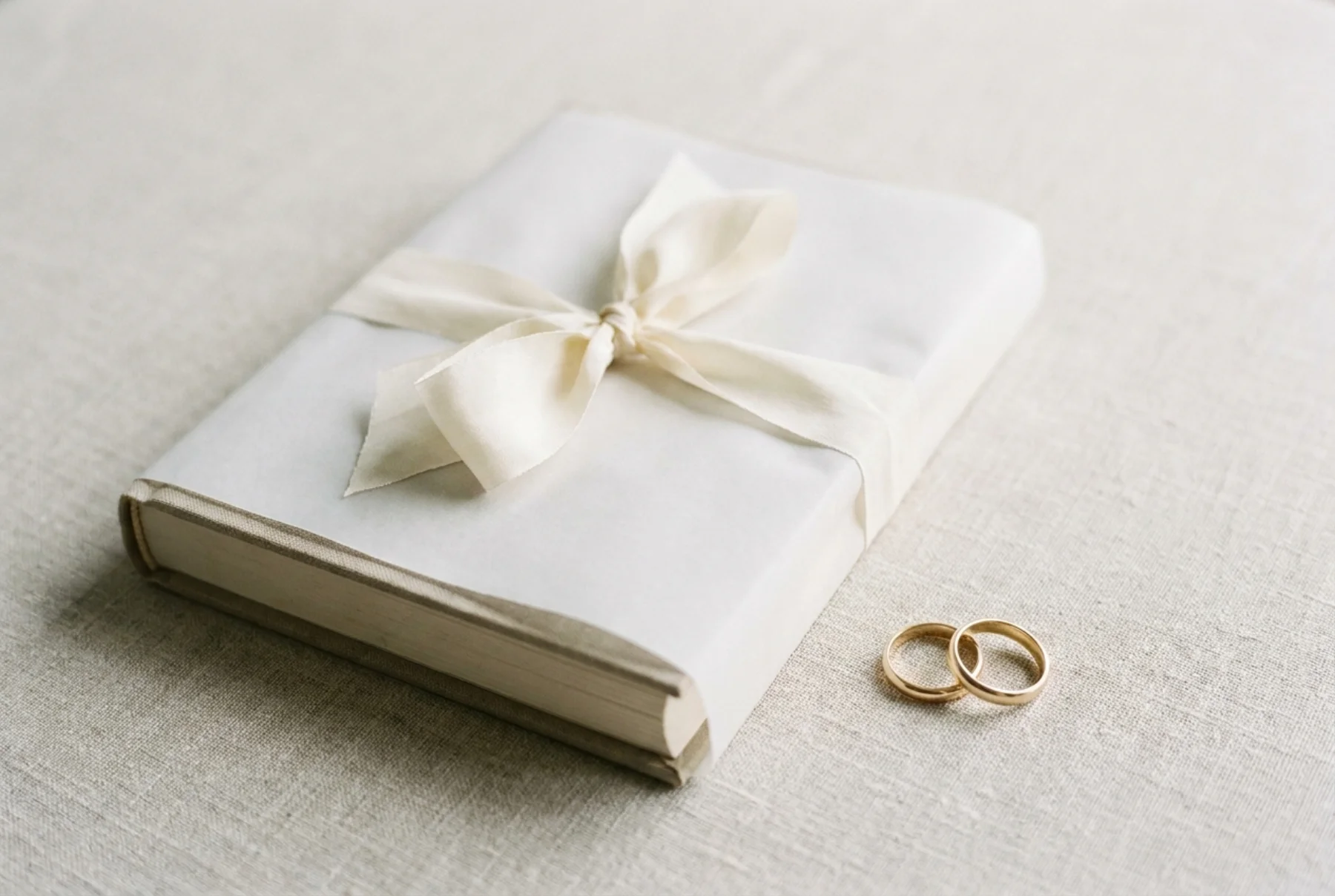 A foil-stamped hardcover wedding storybook in its cream slipcase, sitting on a quiet shelf among framed photographs — a personalized wedding gift that survives the day.