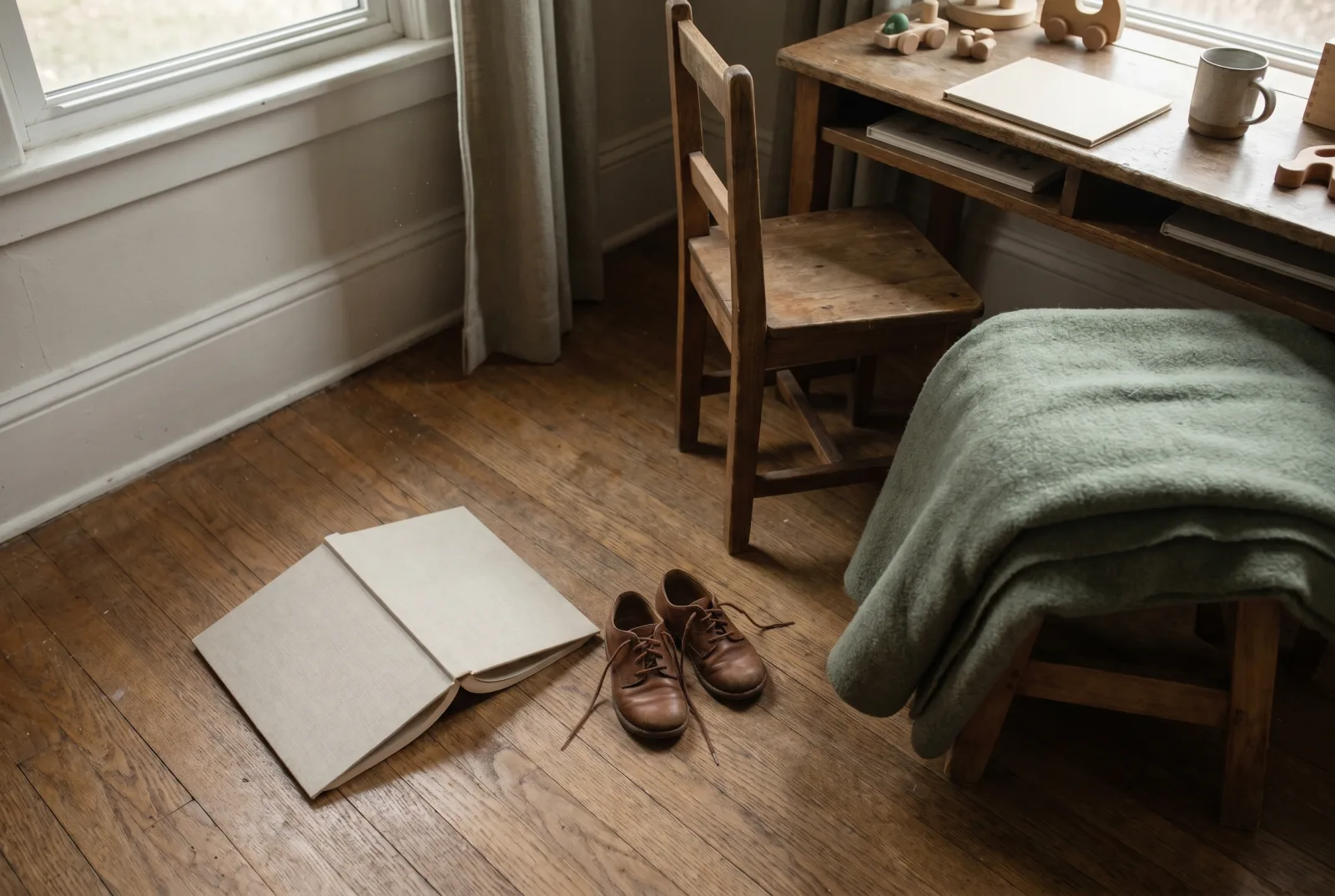 A single linen hardcover storybook resting on an oak floor in soft sunlight beside a small pair of leather shoes and a folded sage wool blanket — quiet pause, no devices.