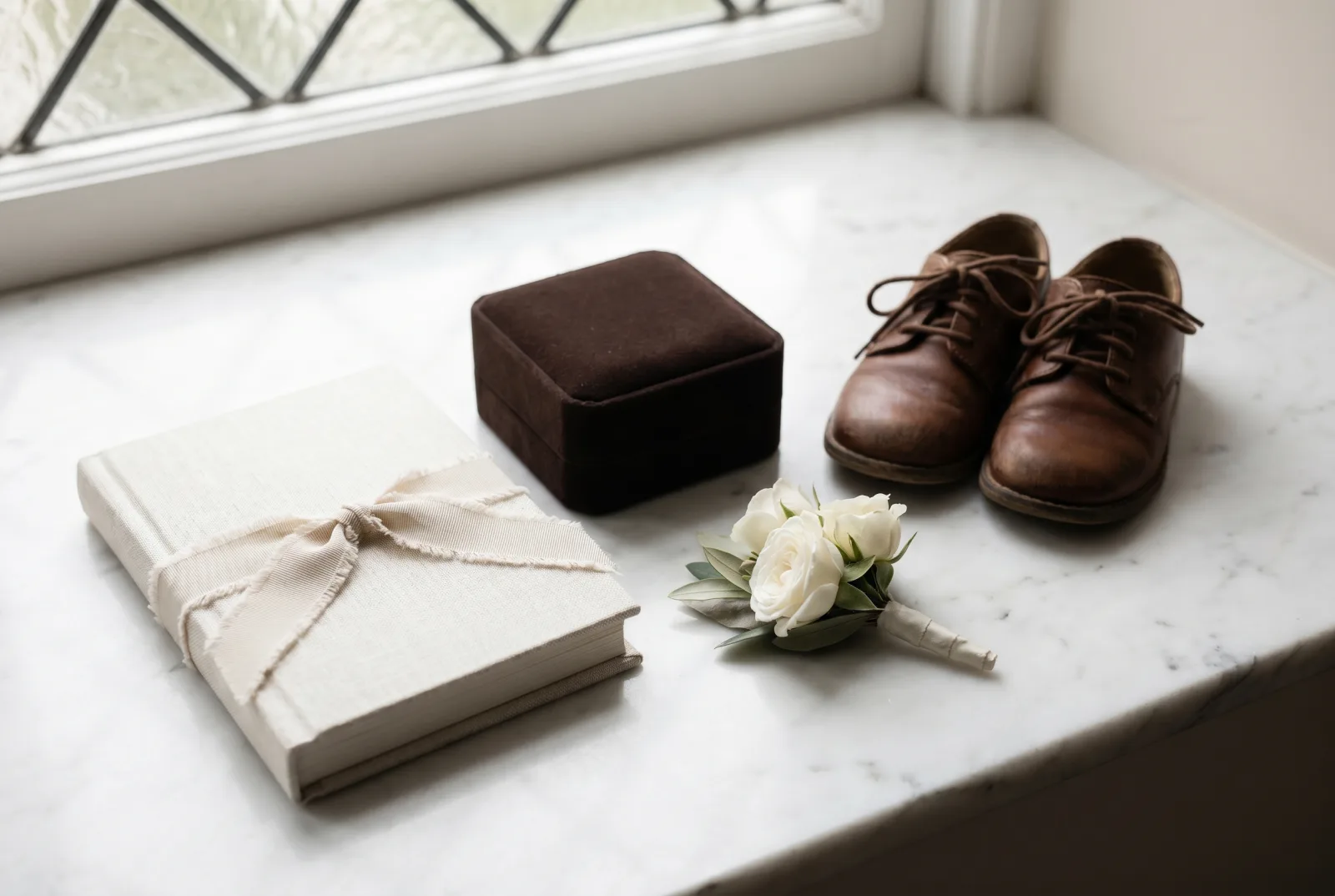 A small linen hardcover book tied with cream ribbon beside a closed velvet ring box, polished child's leather oxford shoes, and a folded boutonnière of white roses on marble.