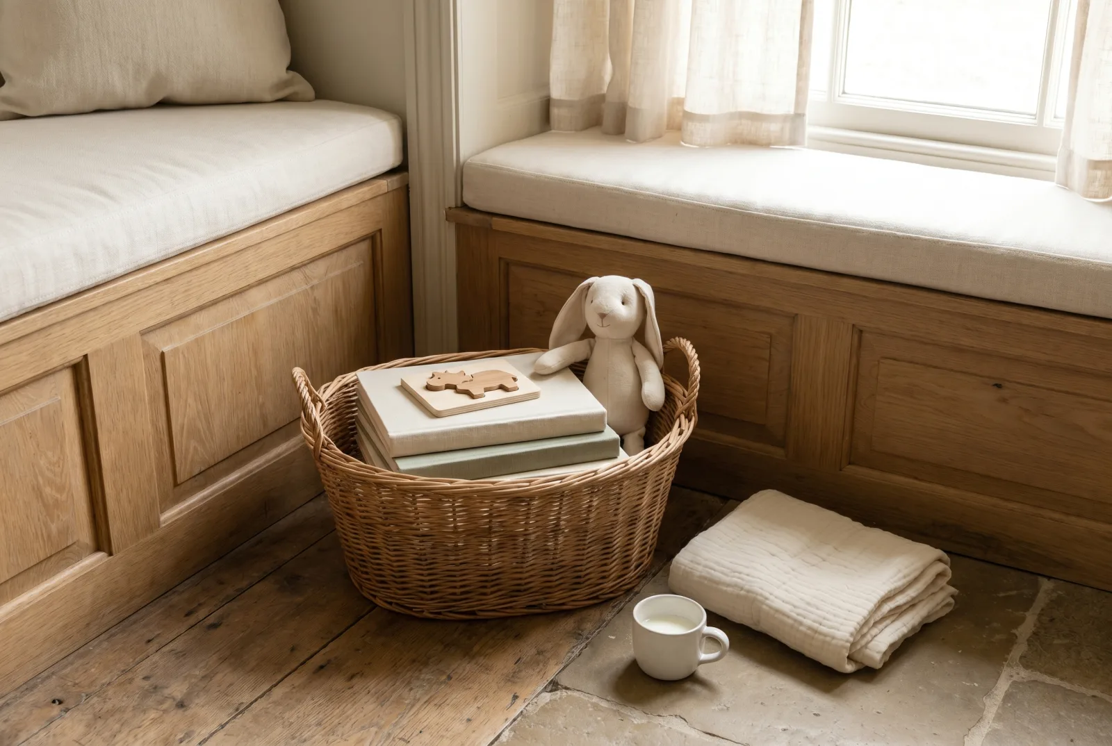 A wicker basket of hardcover linen storybooks beside a low oak window seat with a wooden puzzle and soft fabric rabbit — analog objects in morning light, no devices.