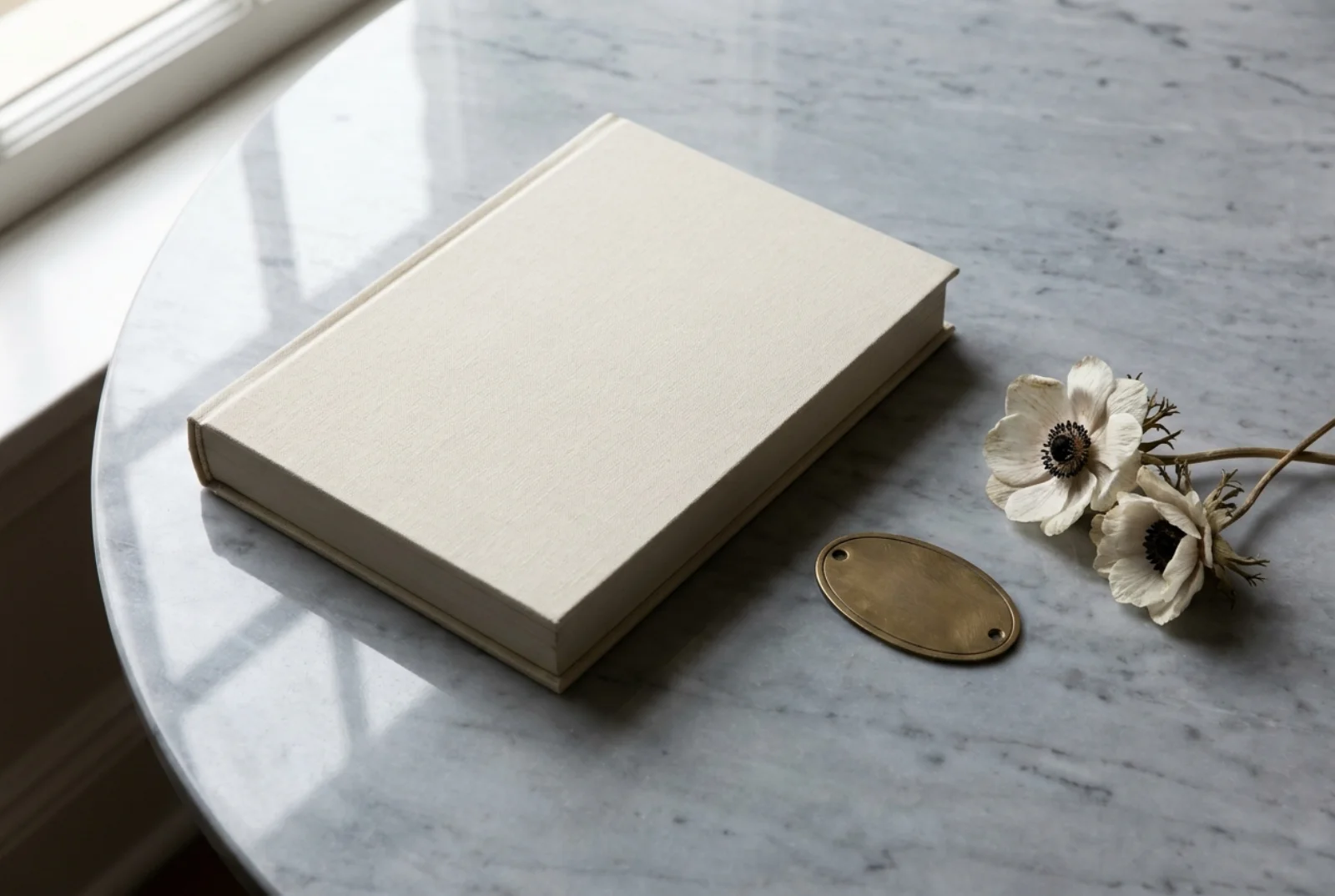 A cream linen hardcover book lying open on a walnut desk beside a stack of academic journals, a porcelain mug of tea, and a brass reading lamp in cool diffuse light.