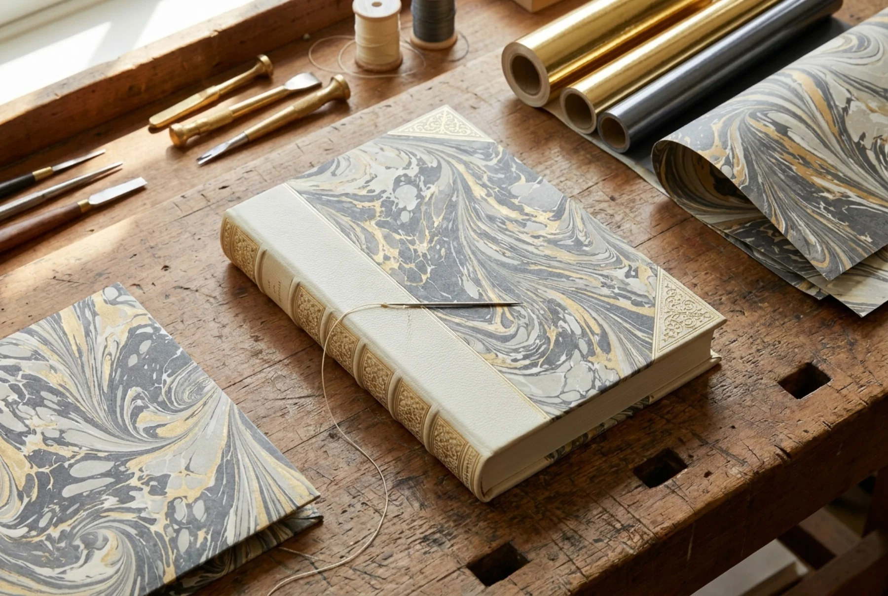 Behind the sundayfawn press: open watercolour paintings, a section-sewn signature of pages, brass foil dies, and a half-finished hardcover storybook on a studio table.
