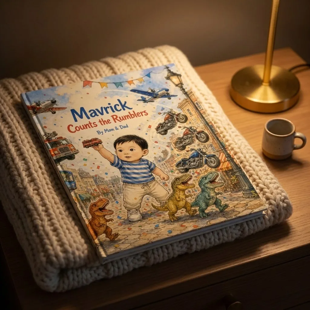 Mavrick Counts the Rumblers — a custom hardcover on a knit throw at bedside.