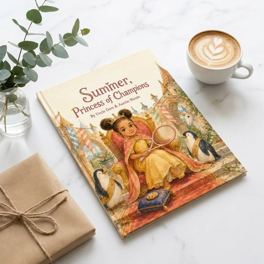 Summer, Princess of Champions — a custom hardcover beside eucalyptus and a latte.
