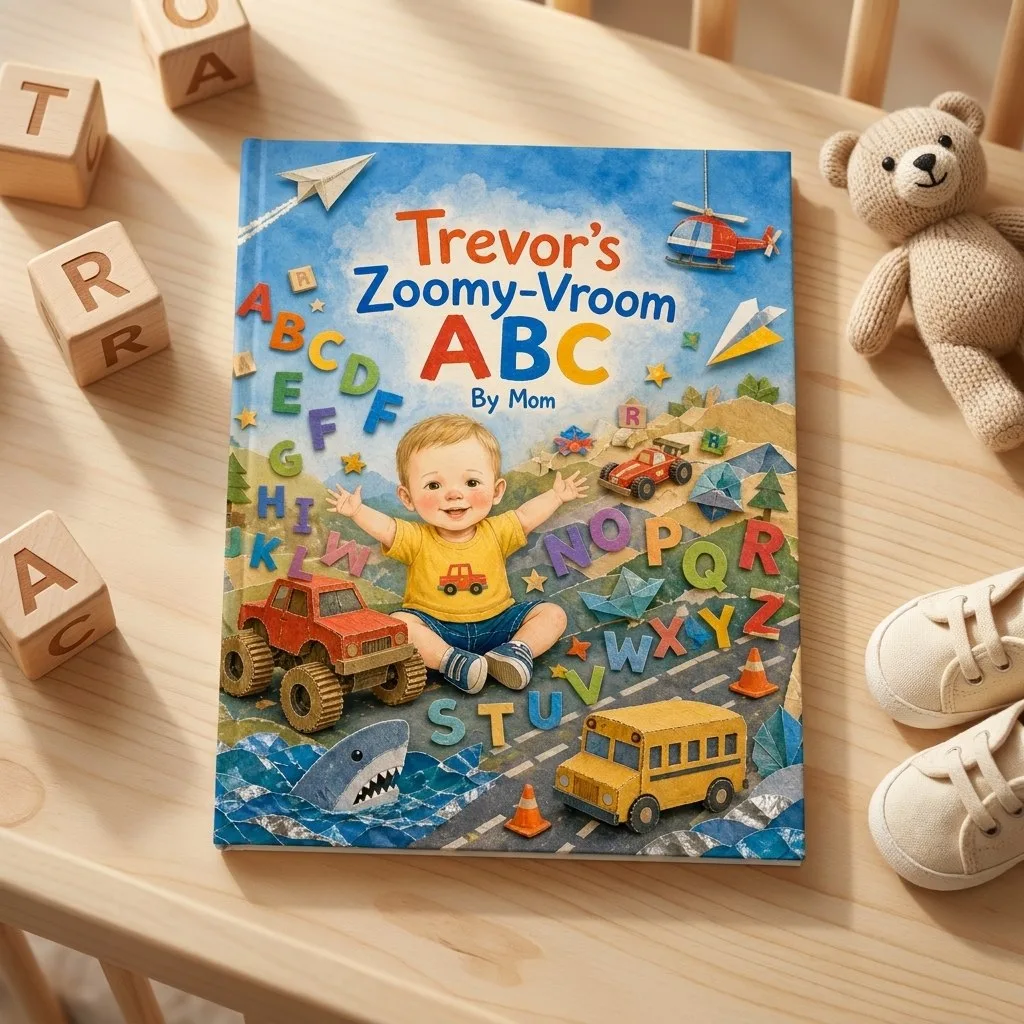 Trevor's Zoomy-Vroom ABC — a custom hardcover in a nursery with wooden blocks.
