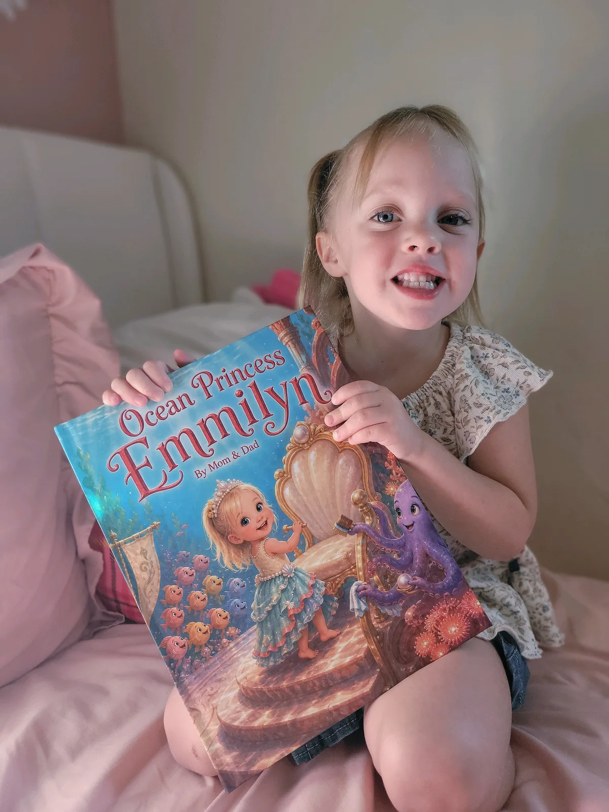 Emmilyn holding her personalized Ocean Princess storybook.