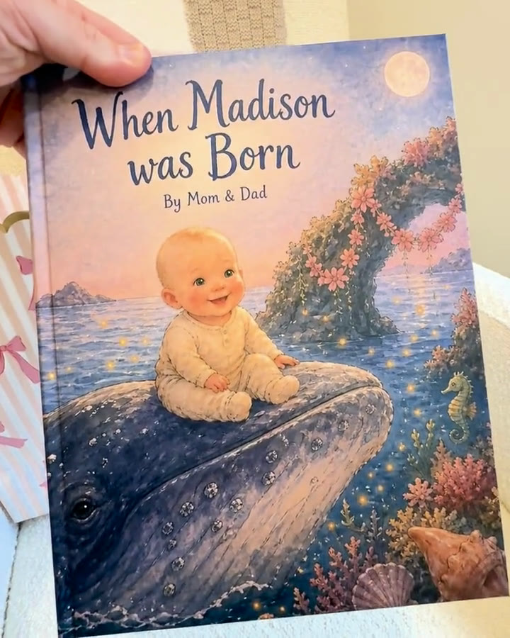 When You Were Born — a personalized Sundayfawn hardcover, flipping through the illustrated pages in a warm nursery